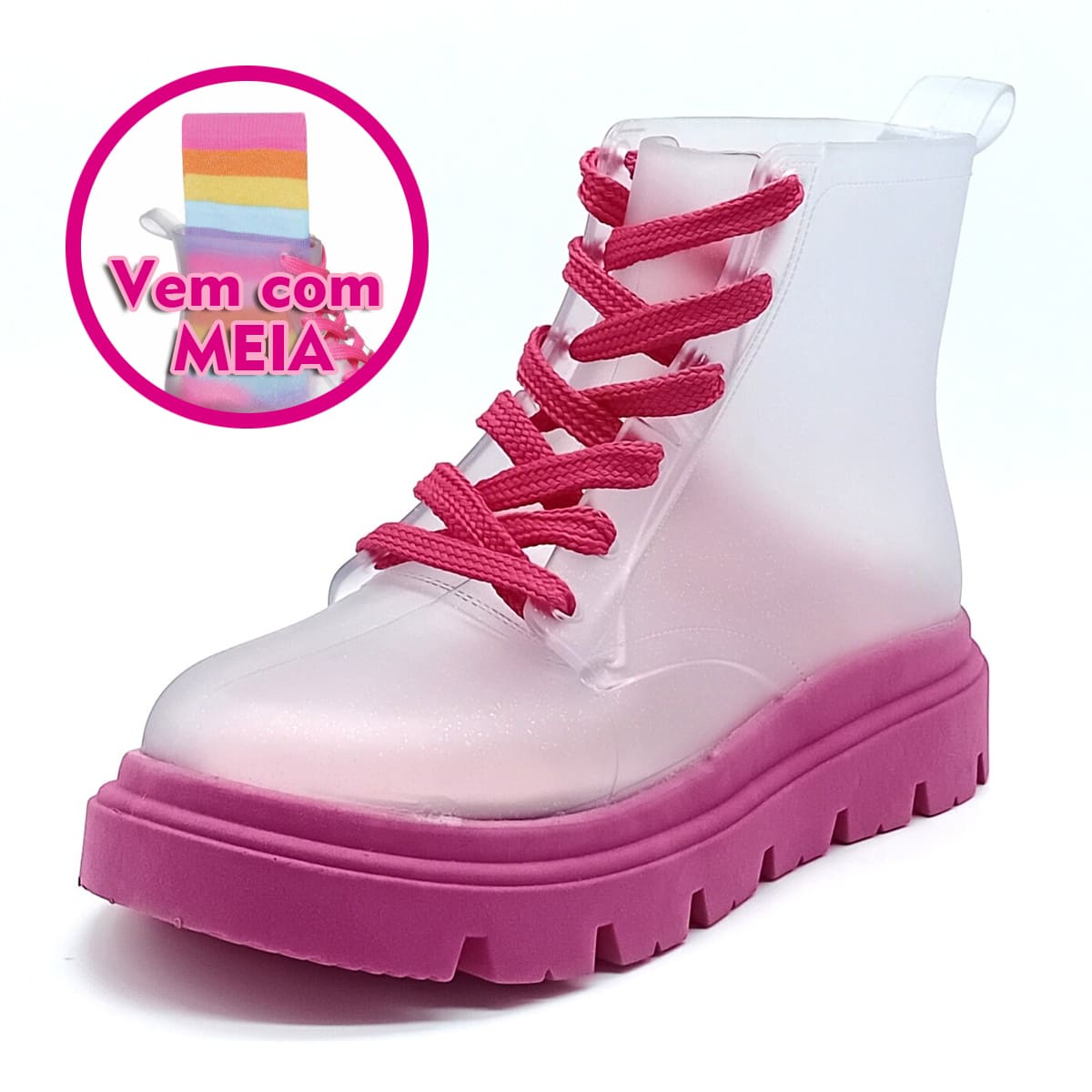 Bota Cadarço Camin com meia - Transparente/Gliter Pink - 50009