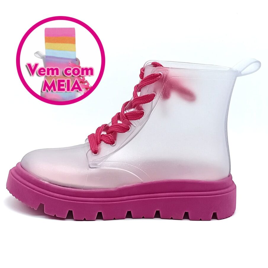Bota Cadarço Camin com meia - Transparente/Gliter Pink - 50009