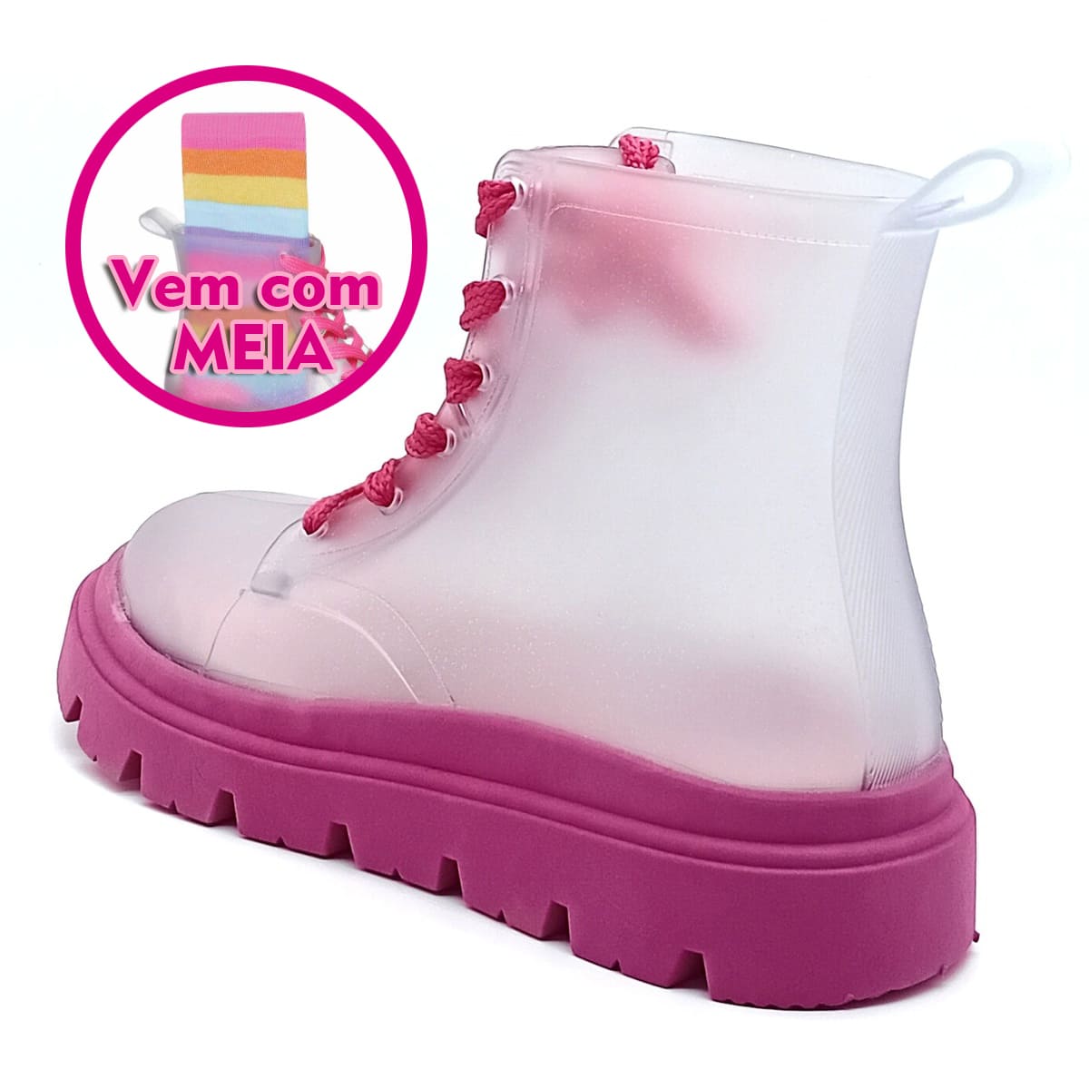 Bota Cadarço Camin com meia - Transparente/Gliter Pink - 50009 - Imagem 3