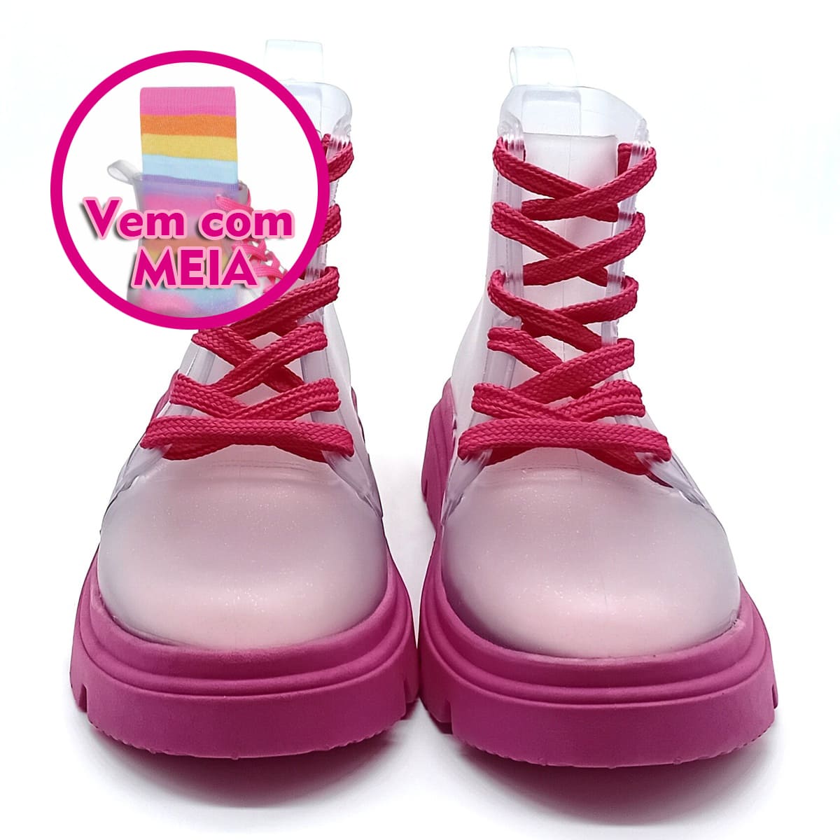 Bota Cadarço Camin com meia - Transparente/Gliter Pink - 50009 - Imagem 5