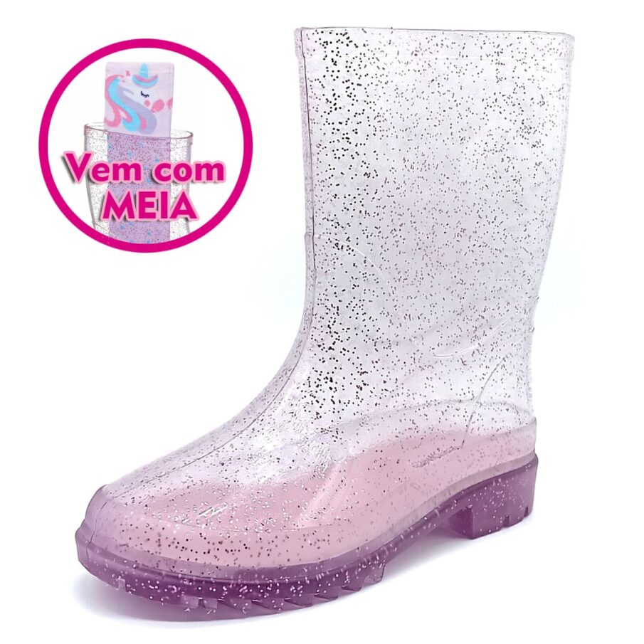Bota Galocha Camin com meia - Transparente/Gliter Rosa - 30029