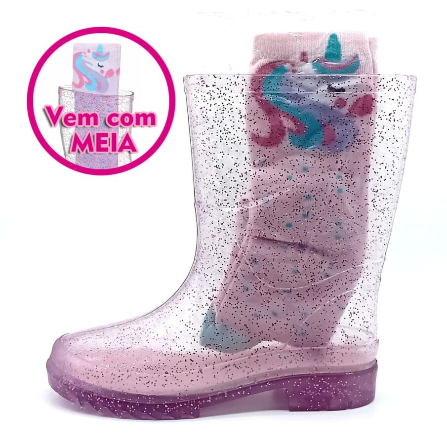 Bota Galocha Camin com meia - Transparente/Gliter Rosa - 30029